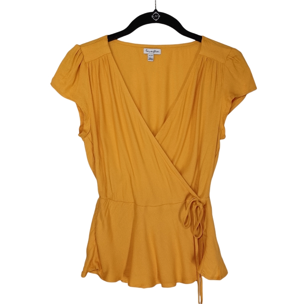 LOVE, FIRE Yellow Faux Wrap Peplum Hem Short Sleeve Top X-Small